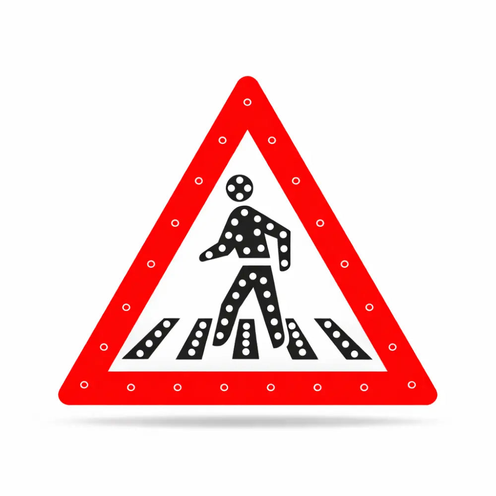 Pedestrian crossing traffic sign with red border and black and white figure on a white background