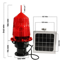 Red Warning Tower light with solar panel and dimensions 