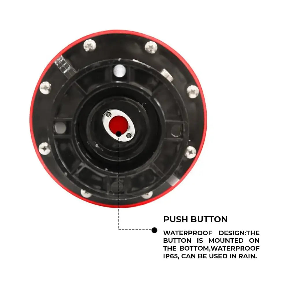 Black and red circular component with push button, labeled as waterproof