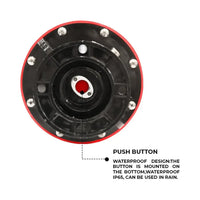 Black and red circular component with push button, labeled as waterproof