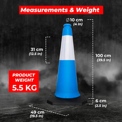 Blue traffic cone with measurements and weight details on a dark background