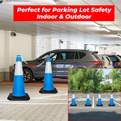 Blue traffic cones with white stripes on a parking lot, labeled for parking lot safety.