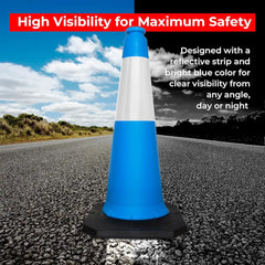 Blue traffic cone with reflective strip on a road background, emphasizing safety and visibility.