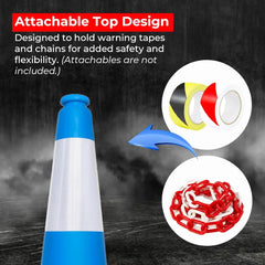 Blue and white traffic cone with attachable top design for safety tapes and chains on a dark background.