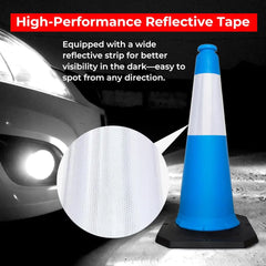 Blue traffic cone with reflective tape and car headlight, emphasizing high-performance reflective tape.