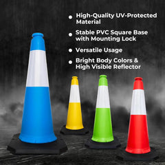 Four traffic cones in blue, yellow, green, and red with a dark background and text about product features.