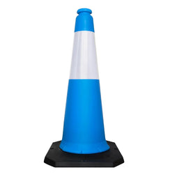 Blue and white traffic cone on a white background