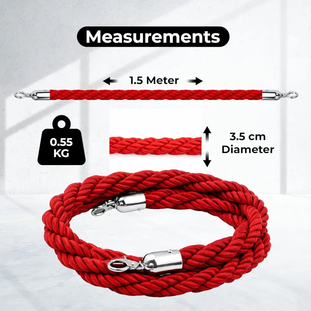 Red twisted stanchion rope 1.5M with metal hooks for queue barriers