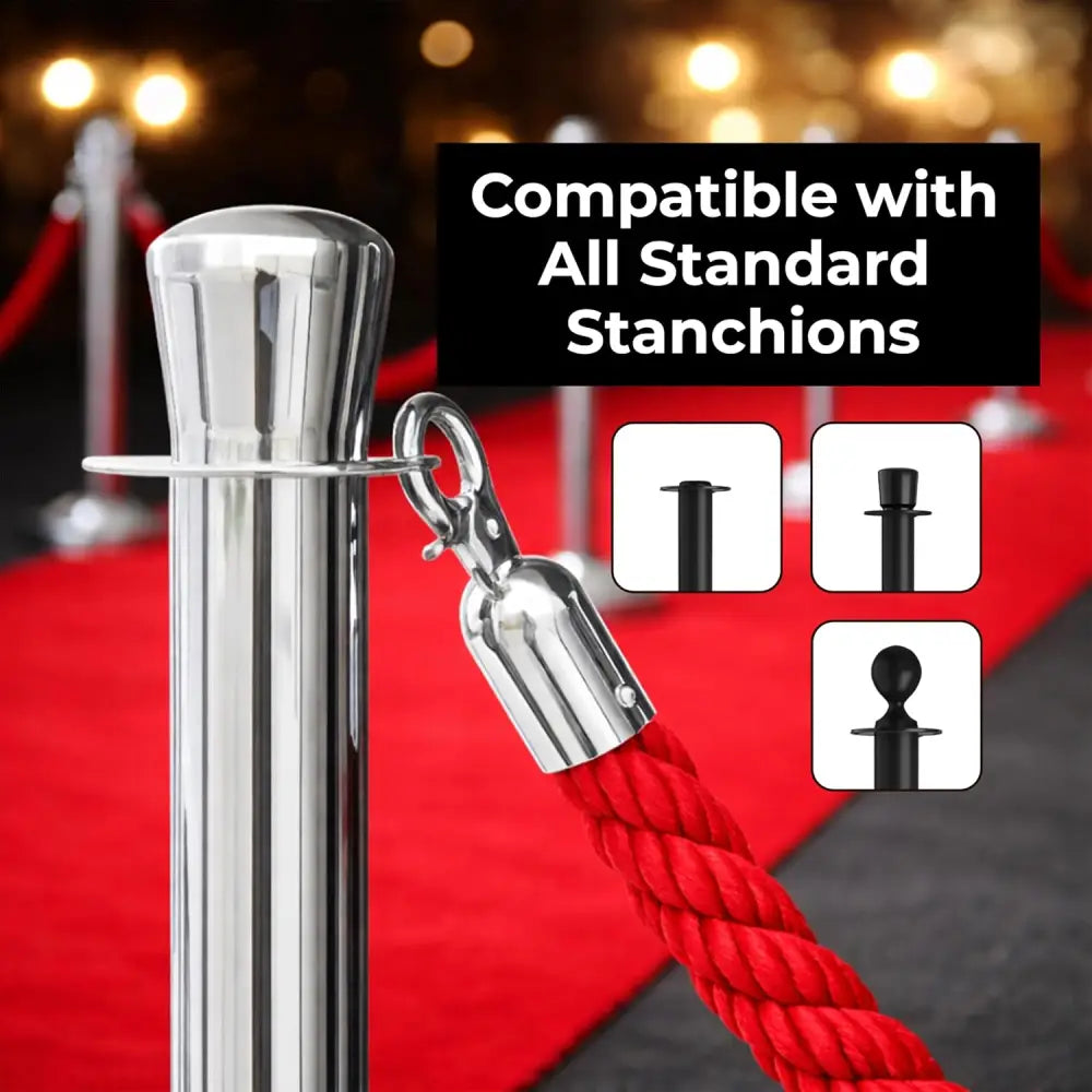 Red twisted stanchion rope 1.5M with metal hooks for queue barriers