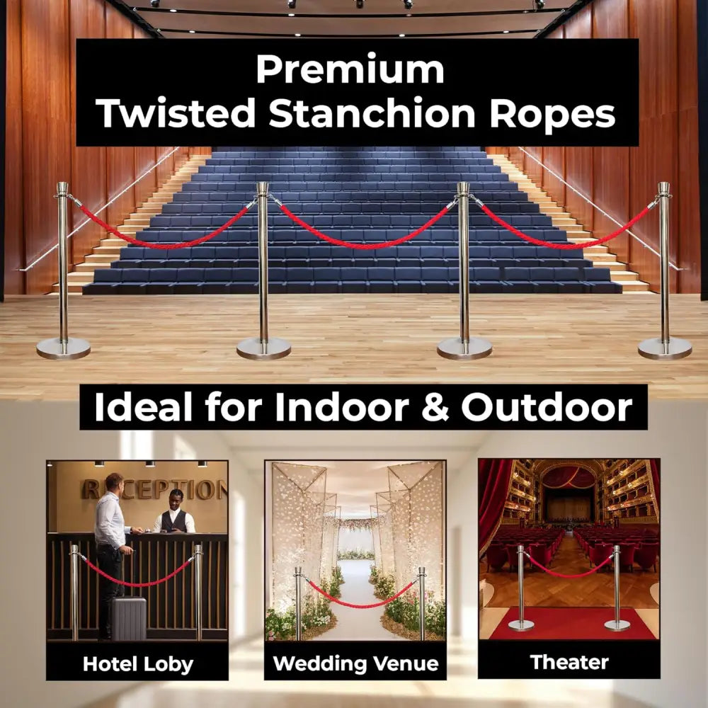 Red twisted stanchion rope 1.5M with metal hooks for queue barriers
