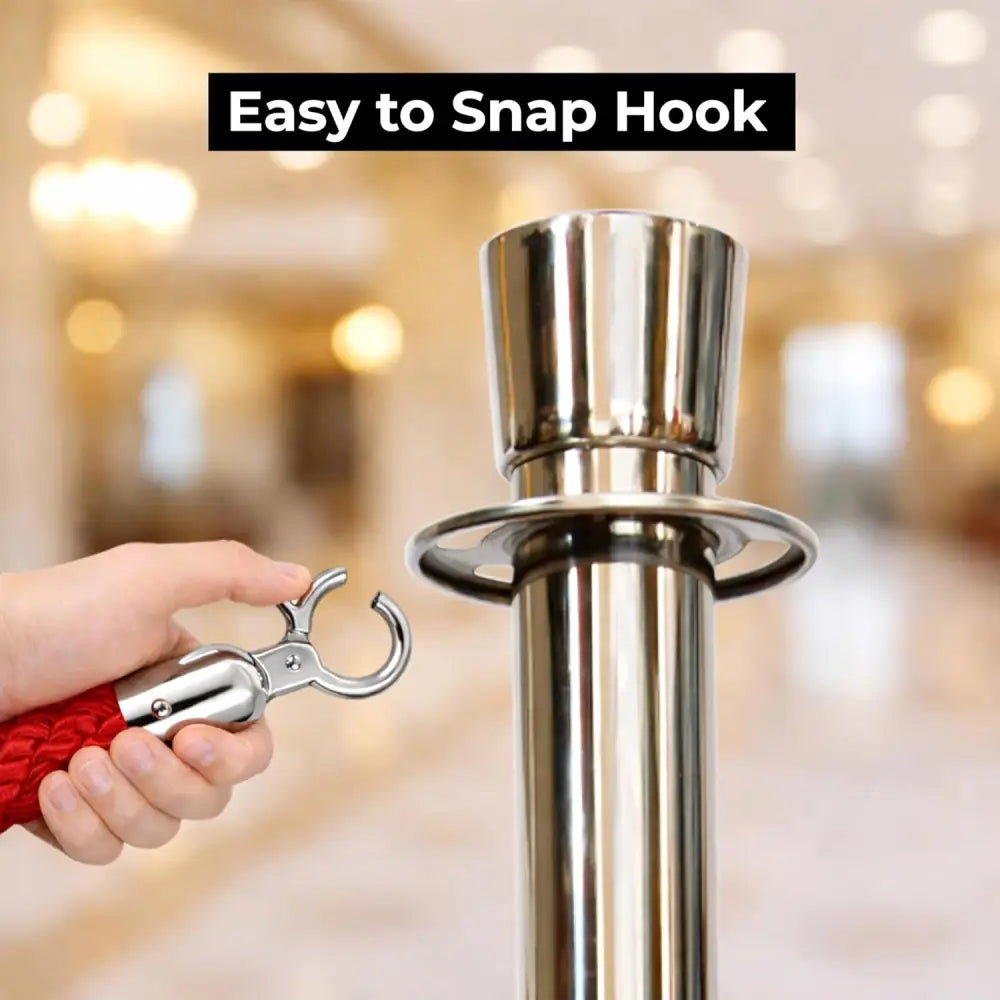 Red twisted stanchion rope 1.5M with metal hooks for queue barriers