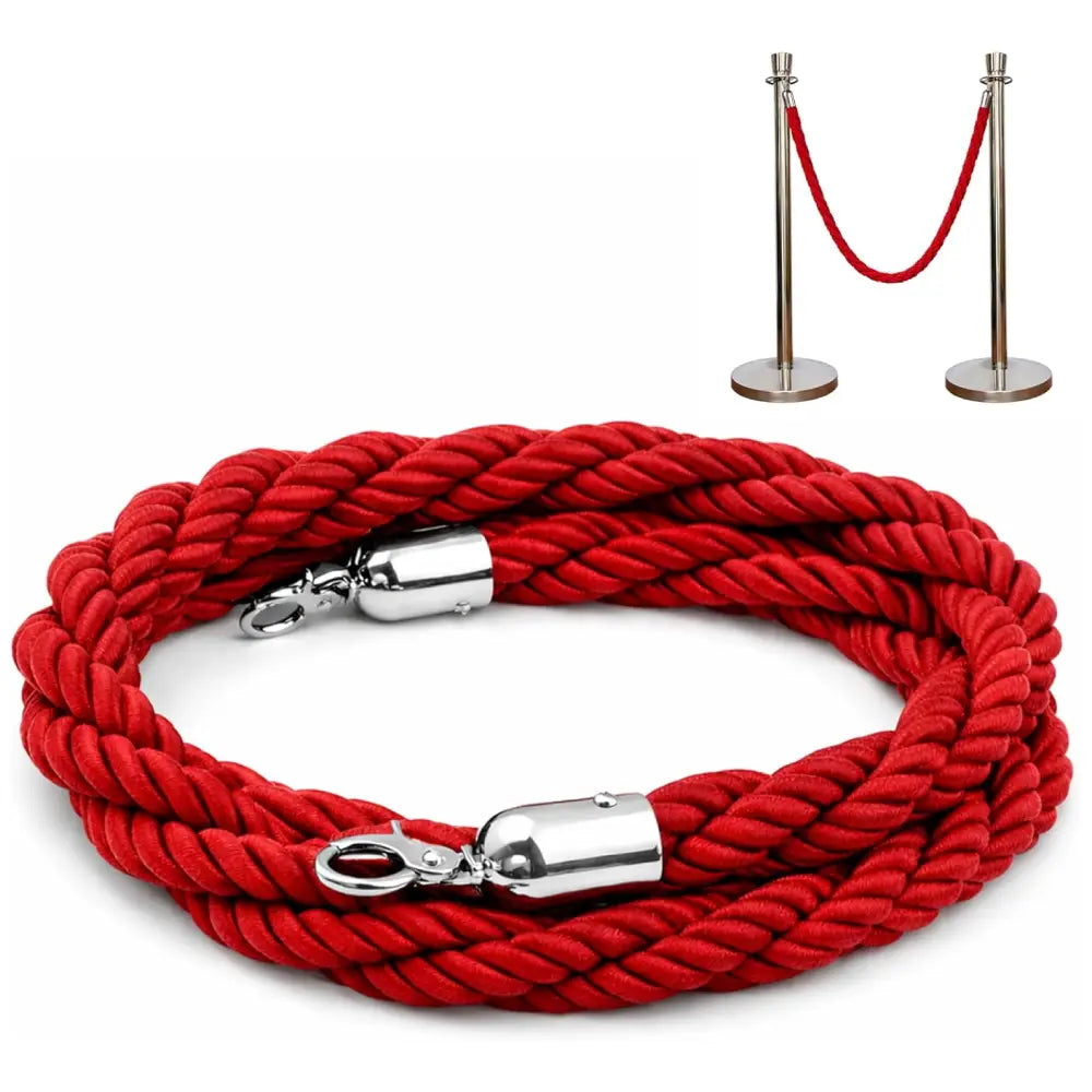 Red twisted stanchion rope 1.5M with metal hooks for queue barriers