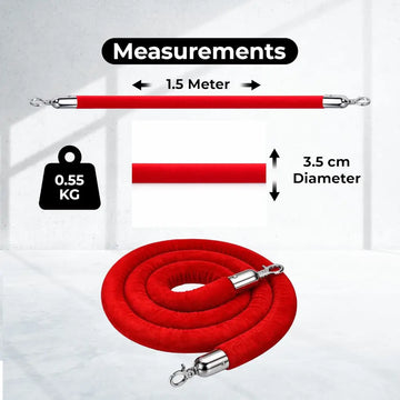 Red velvet crowd control rope, 1.5 meters, for stanchions at events, theaters, or exhibitions