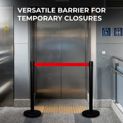 Black Queue Barrier Post  with 2Meter Red Retractable Belt