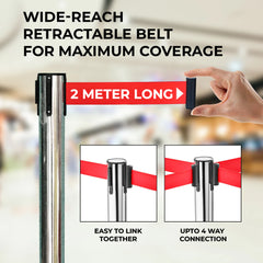 Stainless Steel Queue Barrier with 2 Meter Red Retractable Belt