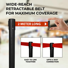 Black Queue Barrier Post  with 2Meter Red Retractable Belt