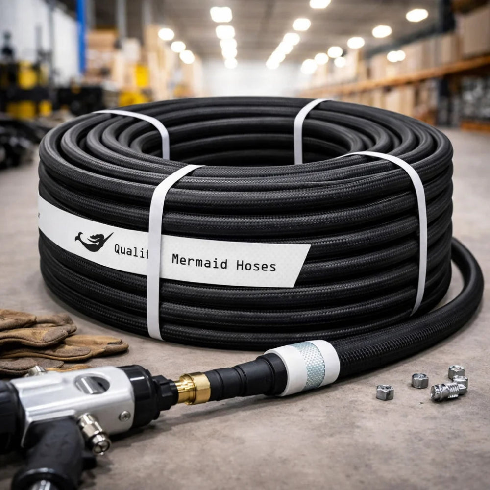 black hose with a nozzle and connectors on a concrete floor in a warehouse setting.