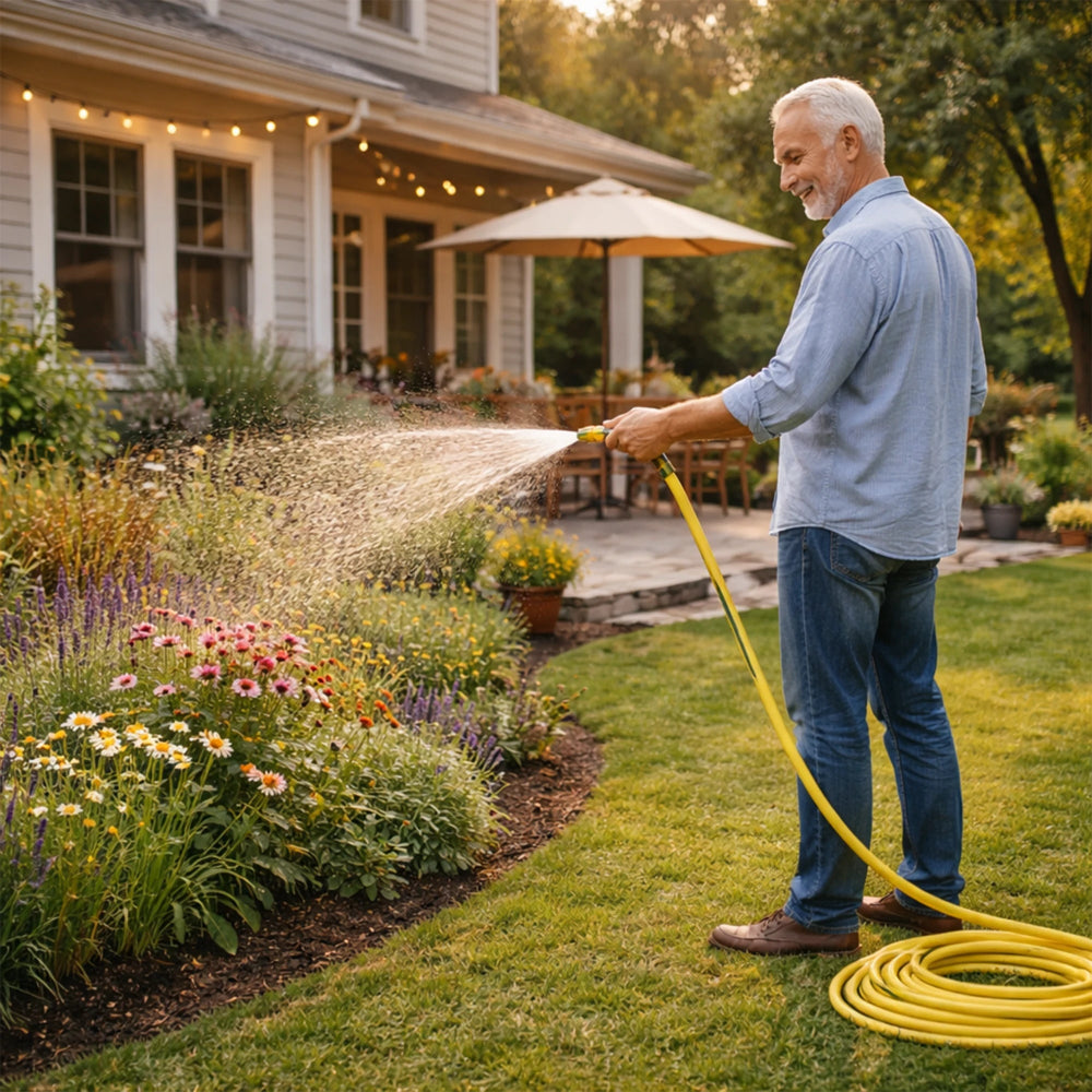 Man watering plants in a garden with a yellow hose