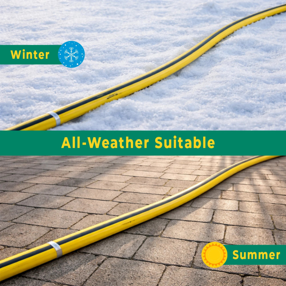 Yellow garden hose on snow and pavement with 'Winter' and 'Summer' labels.