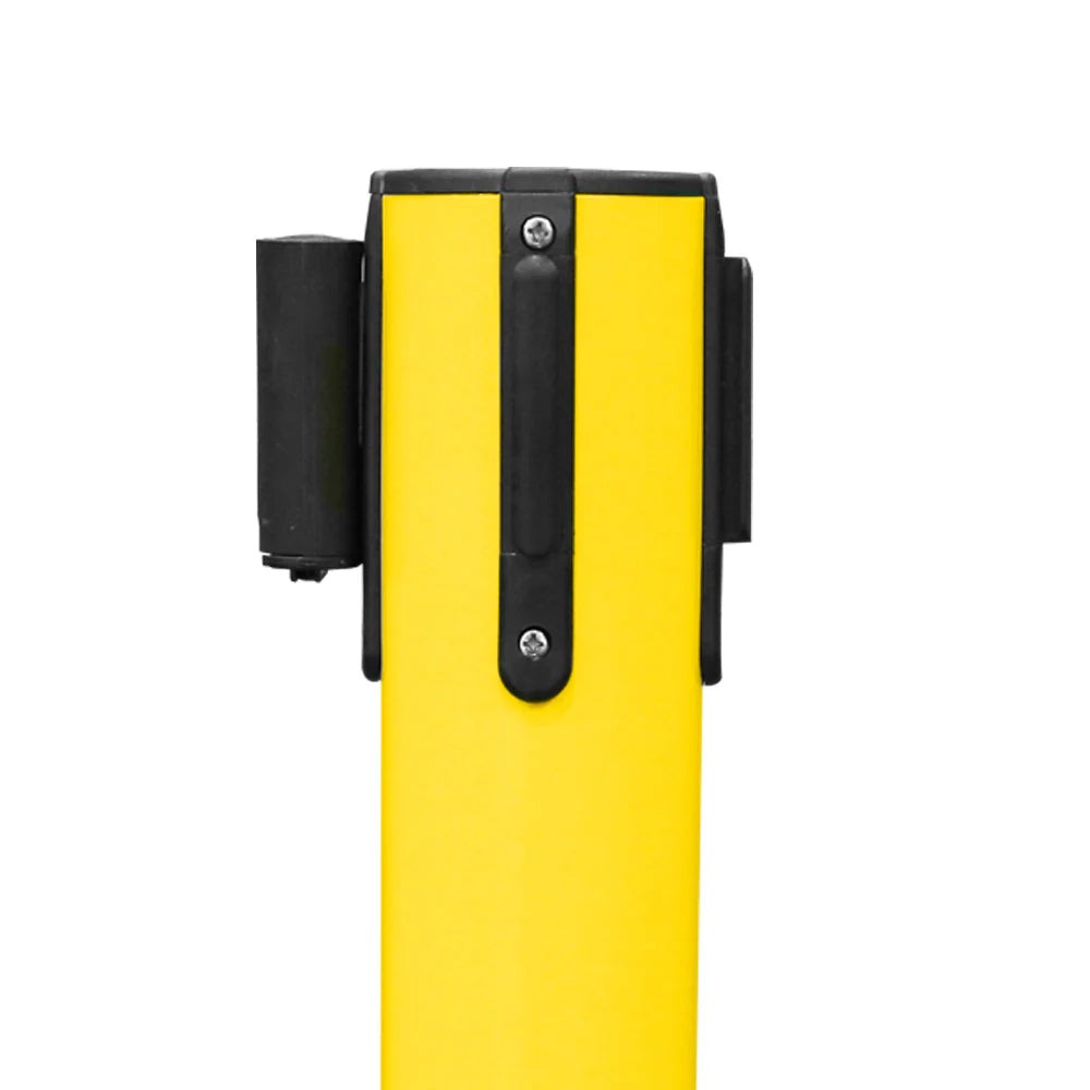 Yellow and black 2 meter Berry queue barrier, ideal for crowd control and public spaces, 4-way connectable