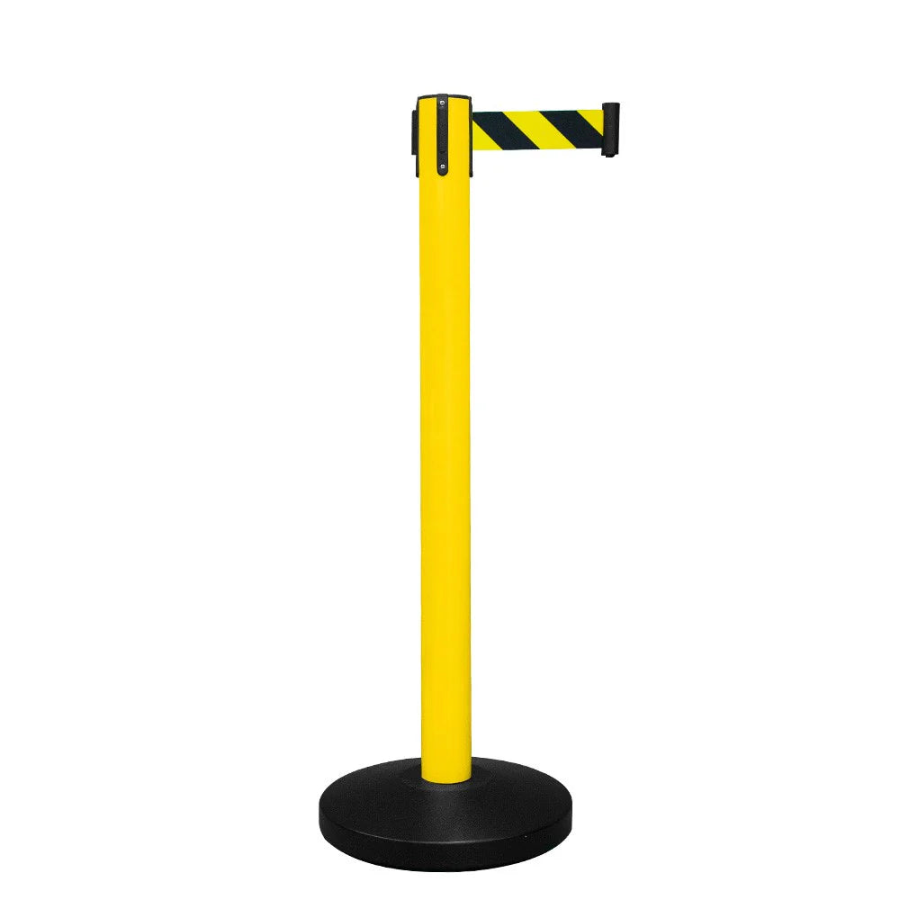 Berry queue barrier with 2 meter retractable belt, yellow and black, 4-way connectable for crowd control