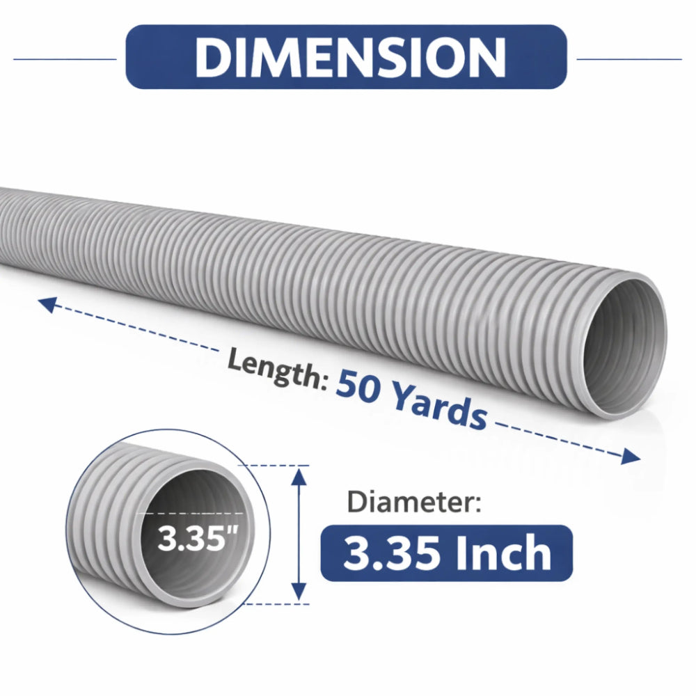 Gray flexible hose with dimensions labeled