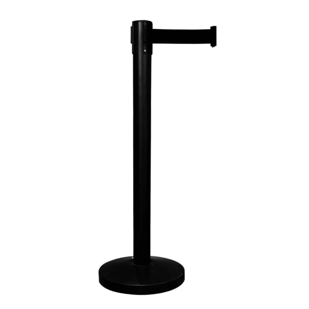 Black steel crowd control barrier with retractable belt