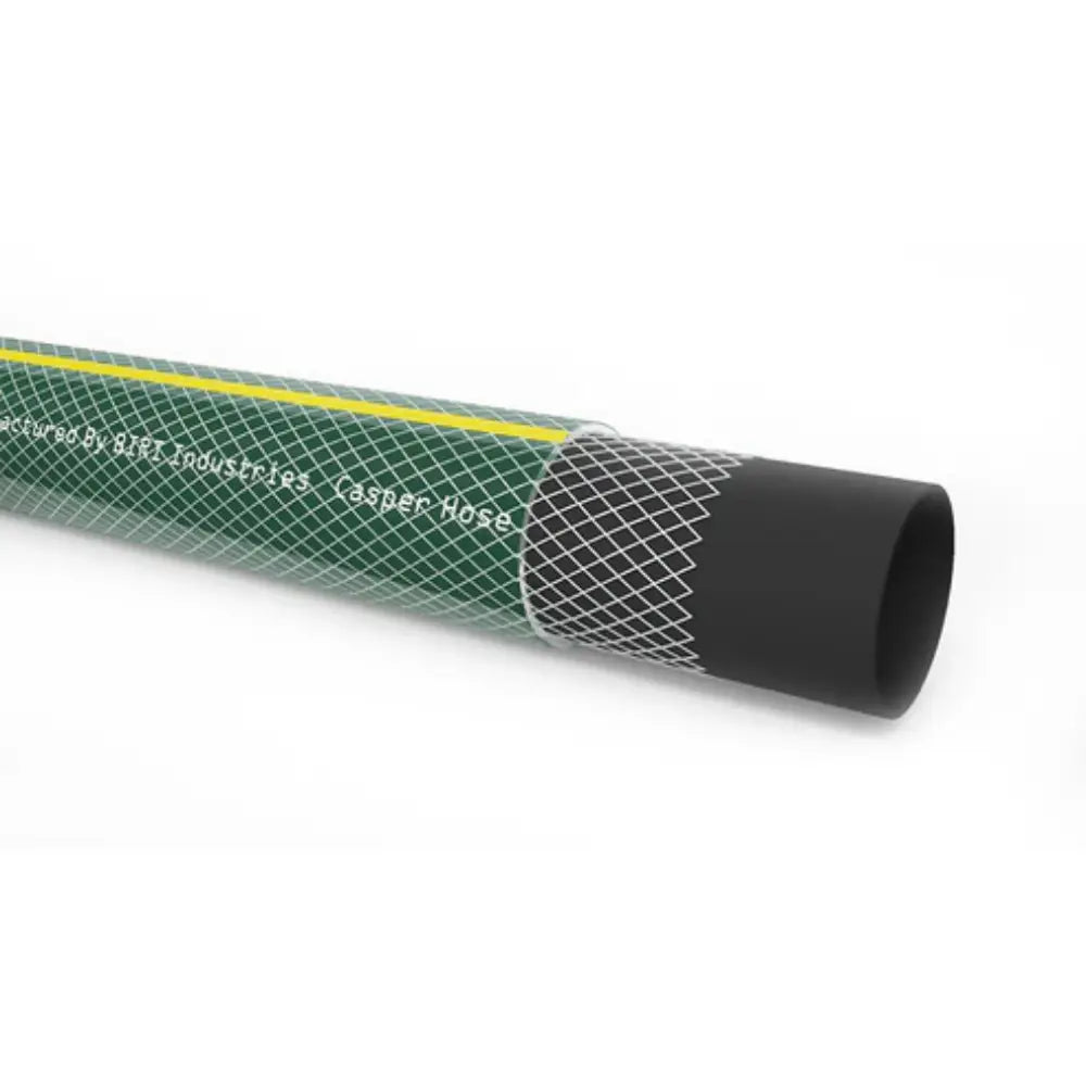  green garden hose with black and yellow accents 