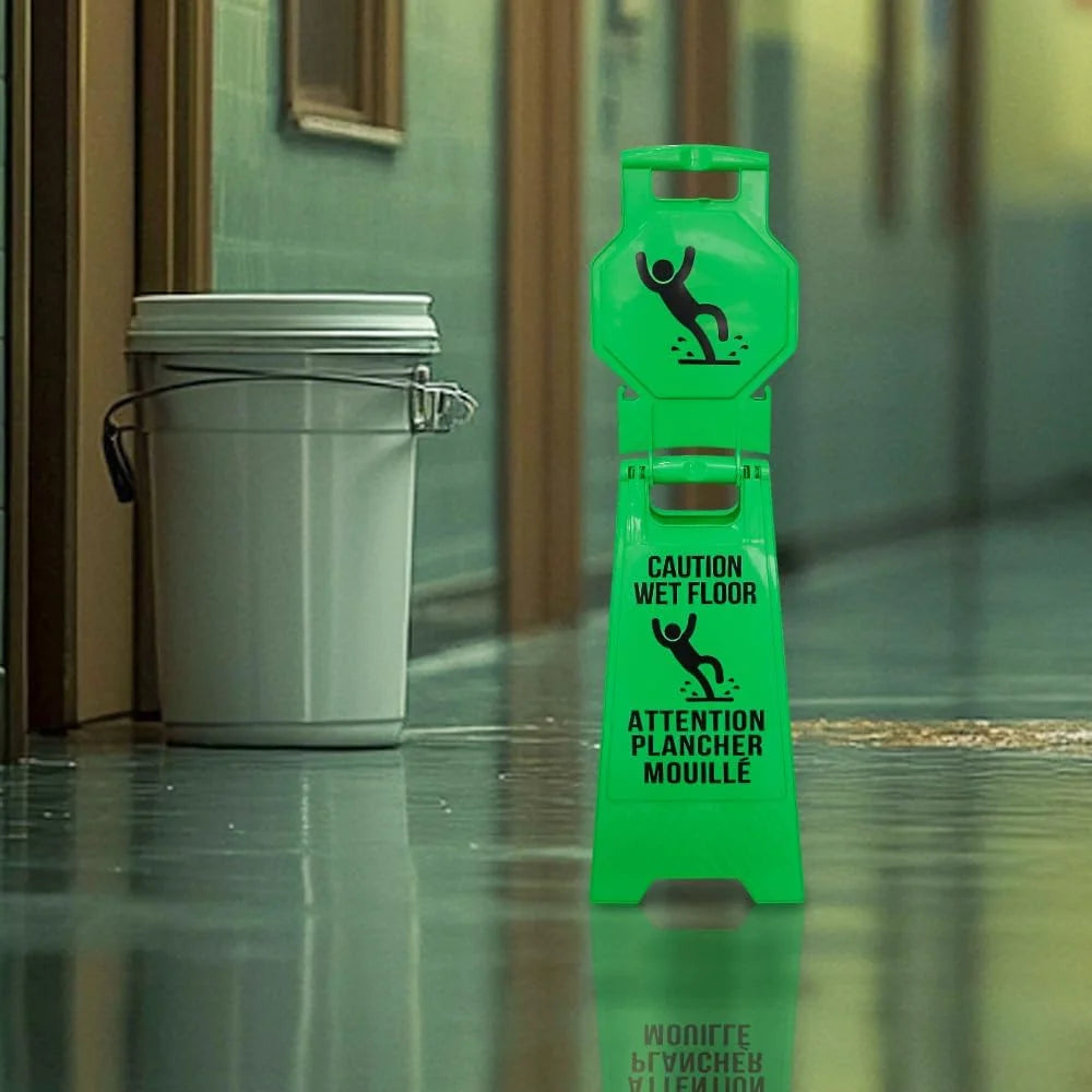 Green 101cm wet floor caution sign foldable design with Arabic and English text