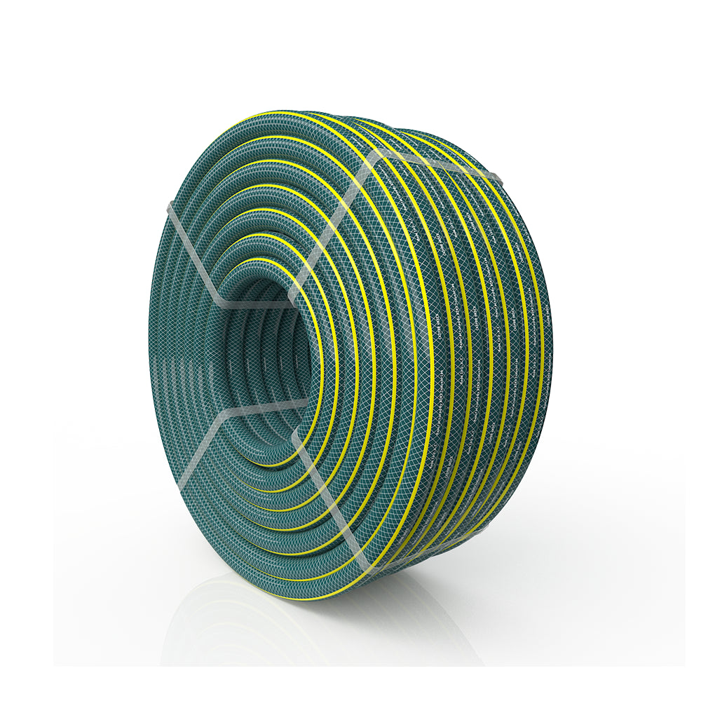 Roll of green garden hose on a white background