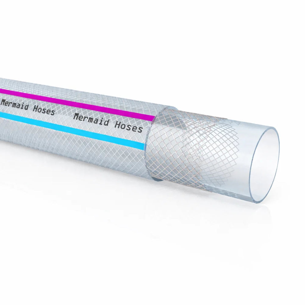 Clear hose with blue and pink labels 