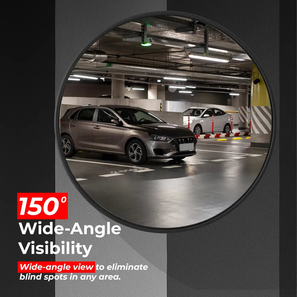 Wide-angle mirror in a parking garage showing cars with text about 130-degree wide-angle visibility.
