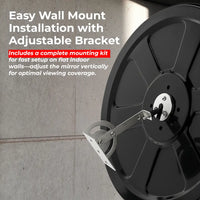 Black mirror with adjustable bracket on a gray wall, text about easy wall mount installation.