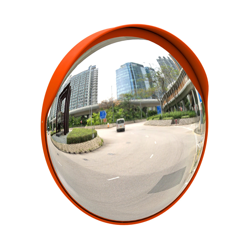 Convex mirror with a road and buildings reflection 