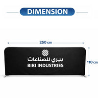 Bibri Industries display stand with dimensions on a white background