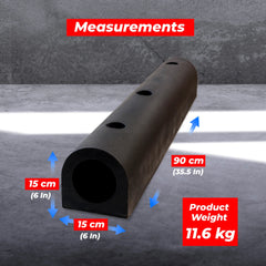 Black wall fender product with measurements and weight displayed on a gray surface