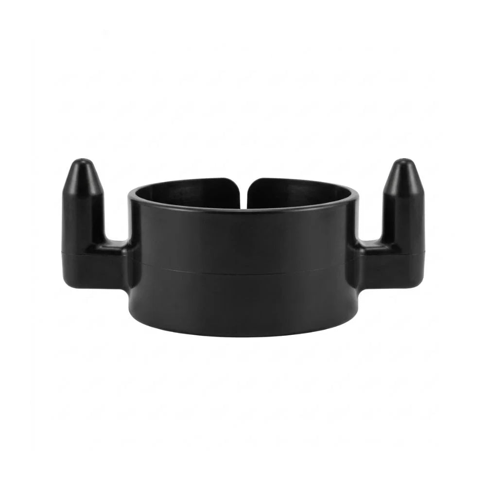 Black delineator hooks on a white background