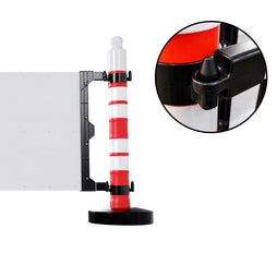 Red and white striped barrier with black base and top, on a white background.