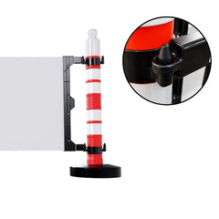 Red and white striped barrier with black base and top, on a white background.