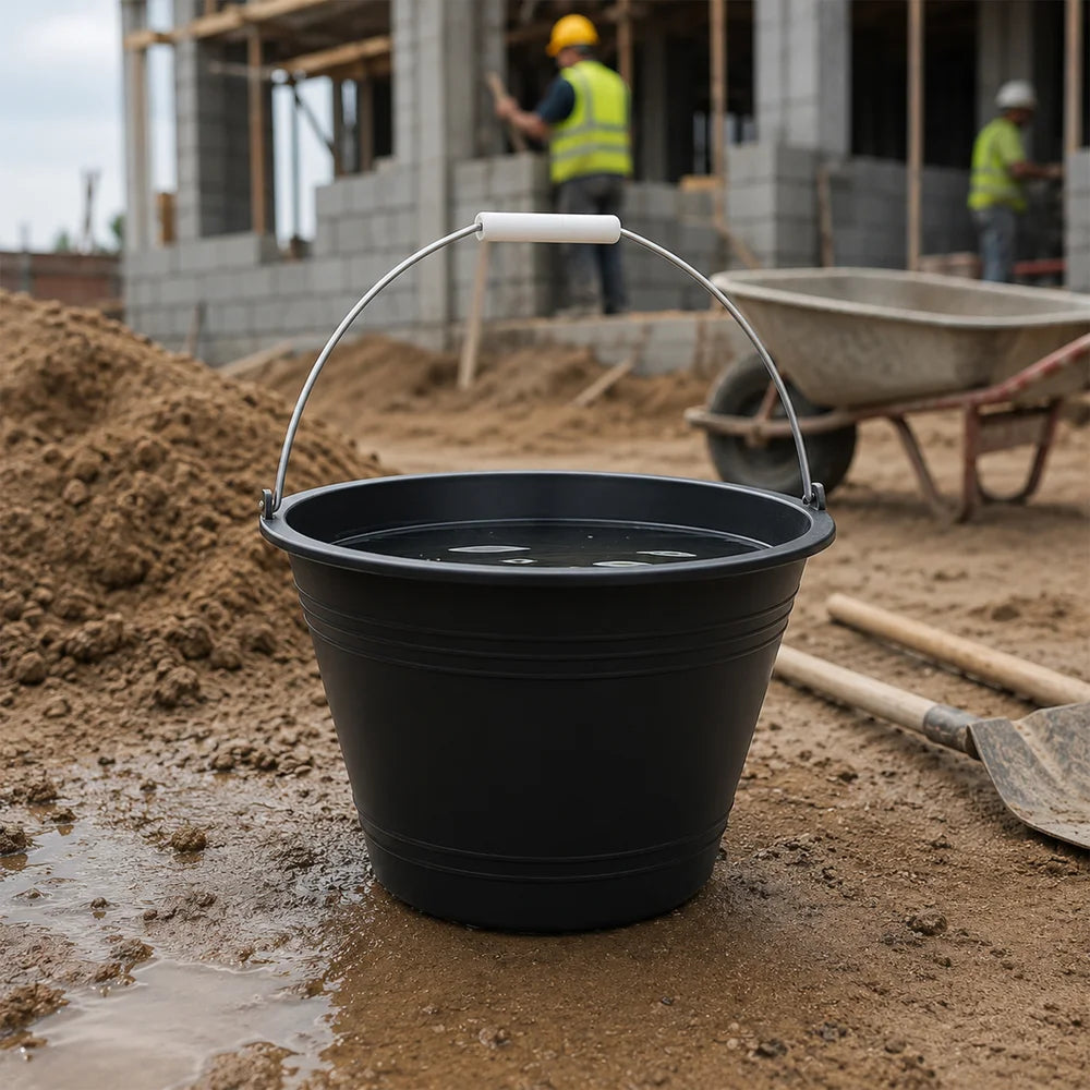 Pack of 12 black 8L PVC cleaning buckets for janitorial and maintenance use
