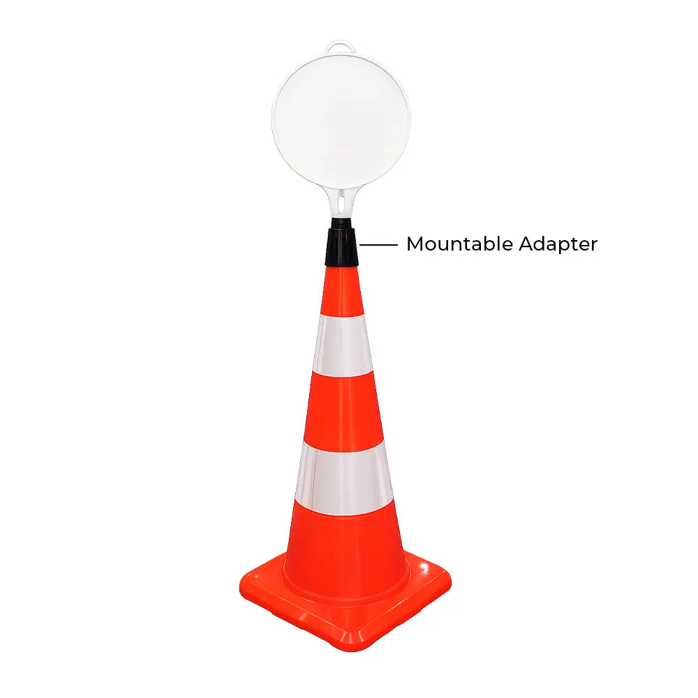 Orange traffic cone with white stripes and a mountable adapter.