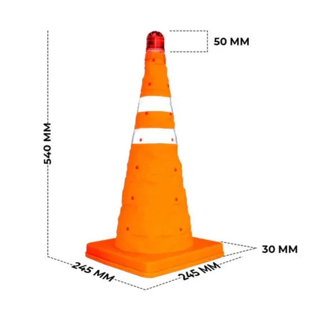 Orange traffic cone with dimensions labeled