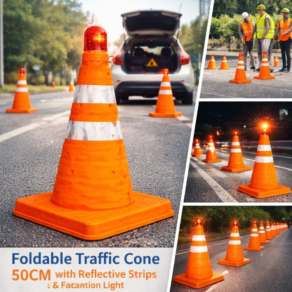 Collage of foldable traffic cones with reflective strips and a warning light on a road.