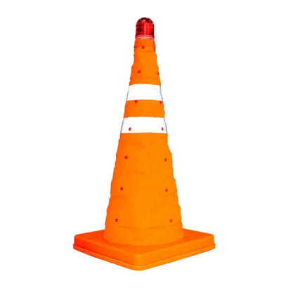 Orange traffic cone with a red light on a white background