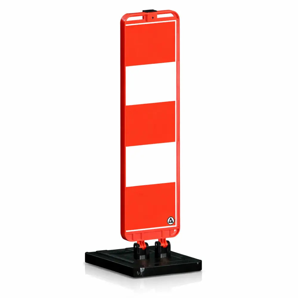 Red and white traffic delineator on a black stand against a white background
