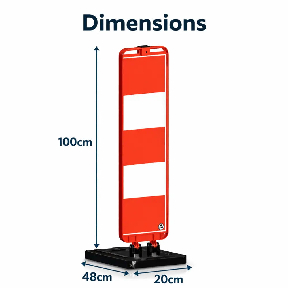 Red traffic delineator with dimensions labeled on a white background