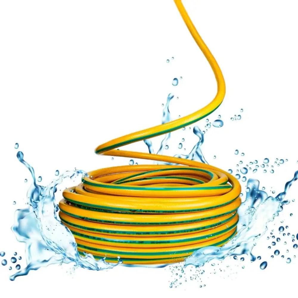 Yellow and green garden hose with water splashes on a white background