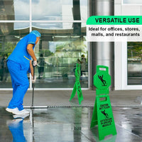 Foldable green wet floor safety sign 101cm with Arabic and English caution message