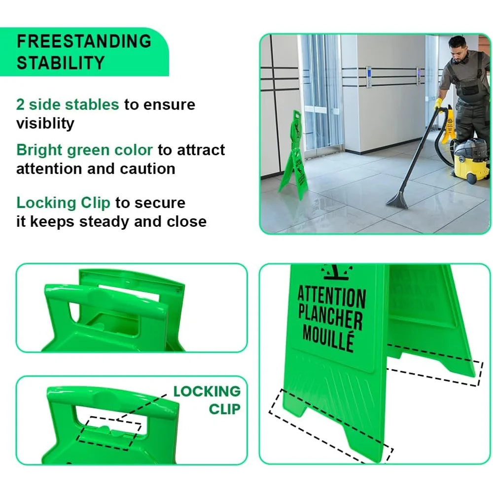 101cm foldable green safety sign for wet floor warning in Arabic and English