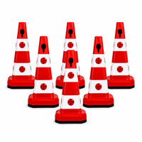 Six red and white traffic safety cones 